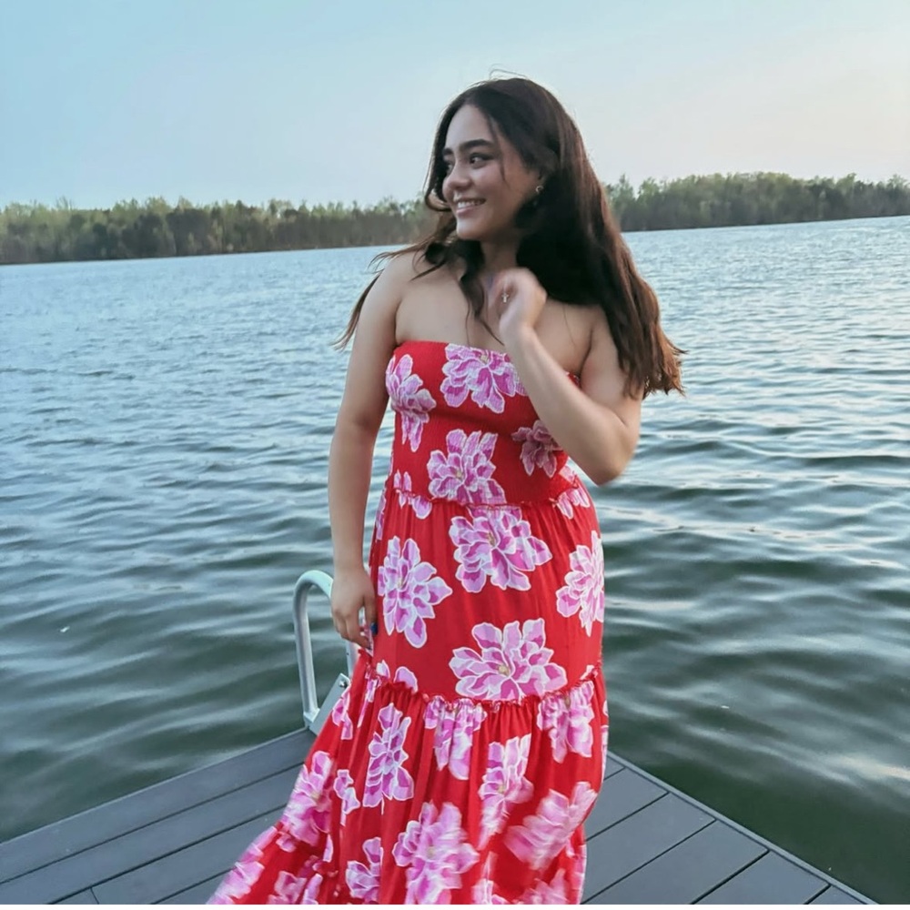 Anthropologie Red Strapless Maxi Dress with Pink Floral Print